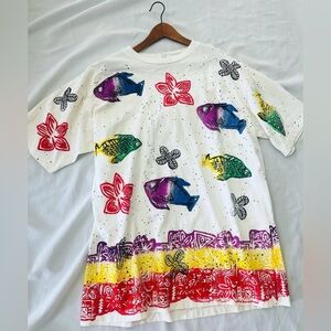 Vtg 90s Grunge Tropical Fish Paint Stamp Tee Tshirt